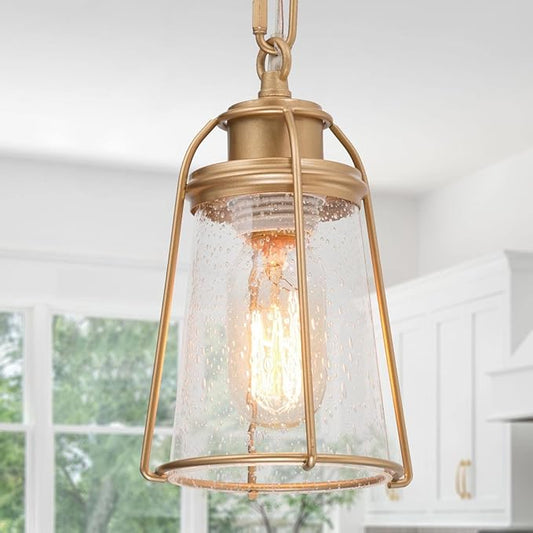classy leaves Gold Pendant Lights, Modern Pendant Lighting Kitchen Island with Seeded Glass Shade, Hanging Light Fixtures for Foyer, Hallway, Entryway, Dark Gold Finish