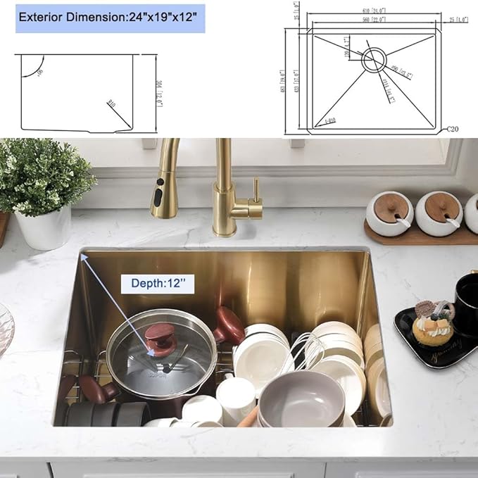 Gold Laundry Sink Undermount-Hovheir 24x19x12 Undermount Utility Sink 16 Gauge Brushed Gold Stainless Steel Single Bowl Deep Laundry Room Kitchen Sinks Outdoor Sinks with Bottom Grid