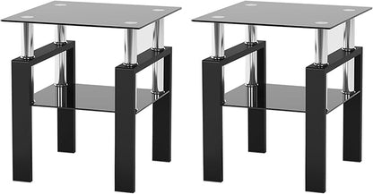 IANIYA 2PCS Modern Glass End Table, 2-Tier Side Table with Tempered Glass Top & Metal Legs, Night Stand Corner Table for Living Room, Bedroom,All Black