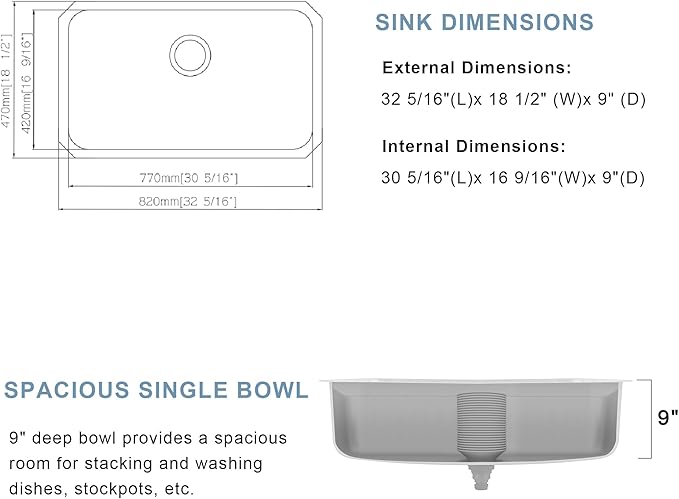 Undermount Kitchen Sink - 32 x18 x 9 Inch Stainless Steel Single Bowl Kitchen Sink, Large and Deep Round Corner Undermount Sink with Drain Assembly