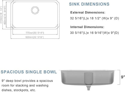 Undermount Kitchen Sink - 32 x18 x 9 Inch Stainless Steel Single Bowl Kitchen Sink, Large and Deep Round Corner Undermount Sink with Drain Assembly