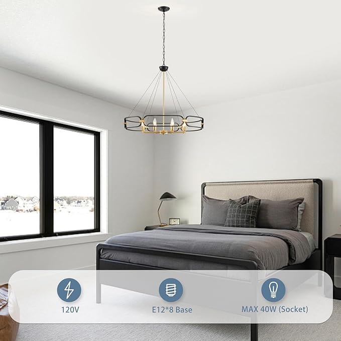 XINGQI 31" Large 8-Light Black and Gold Industrial Chandeliers for Dining Room Round Farmhouse Kitchen Pendant Light Fixture for Entryway Living Room Bedroom Foyer