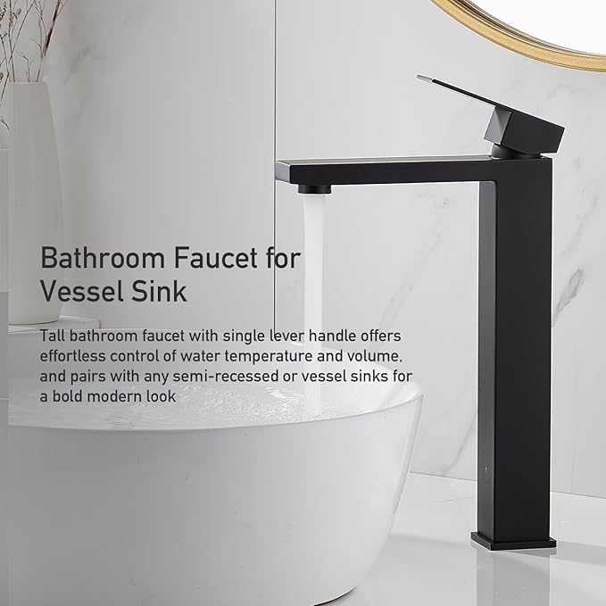 AVSIILE Matte Black Vessel Sink Faucet, 1 Hole Single Handle Tall Bathroom Vanity Faucets, Modern Utility Rv Laundry Bath Restroom Mixer Tap with Metal Pop Up Drain and 2 Water Supply Lines