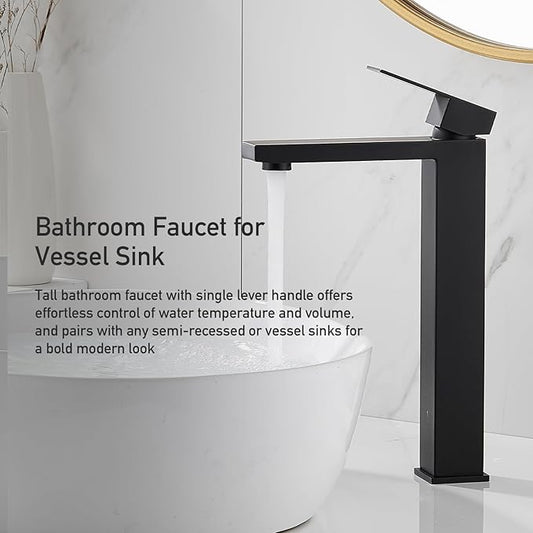 AVSIILE Matte Black Vessel Sink Faucet, 1 Hole Single Handle Tall Bathroom Vanity Faucets, Modern Utility Rv Laundry Bath Restroom Mixer Tap with Metal Pop Up Drain and 2 Water Supply Lines