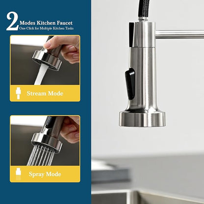 Ibergrif Kitchen Faucets with Pull Down Sprayer, Single Handle Pull Out Spring Sink Faucets High Arc Brushed Nickel Stainless Steel 1 or 3 Hole for RV Laundry Farmhouse Bar