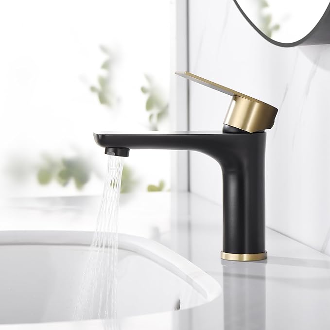SUMERAIN Modern 304 Stainless Steel Bathroom Faucet Lead-Free Vanity Sink Faucet Black&Gold Single Handle Washbasin Faucet