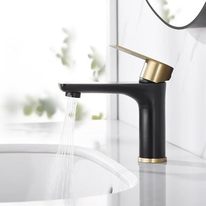 SUMERAIN Modern 304 Stainless Steel Bathroom Faucet Lead-Free Vanity Sink Faucet Black&Gold Single Handle Washbasin Faucet