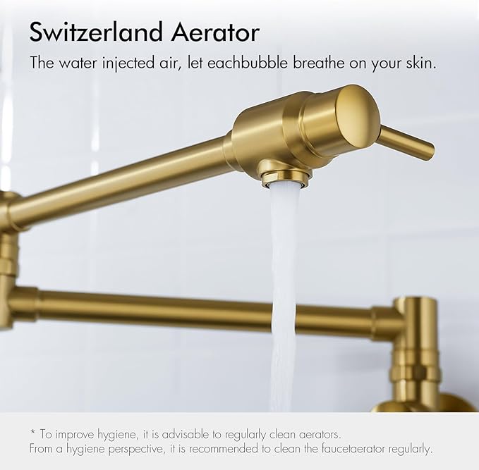 Wall Mount Spout Cold Water Only Double Lever Handle Brushed Brass Kitchen Sink Faucet Stove, Pot Filler Faucet with Dual Joint Swing Armk Sink Faucet, Brushed Old Gold-PVD