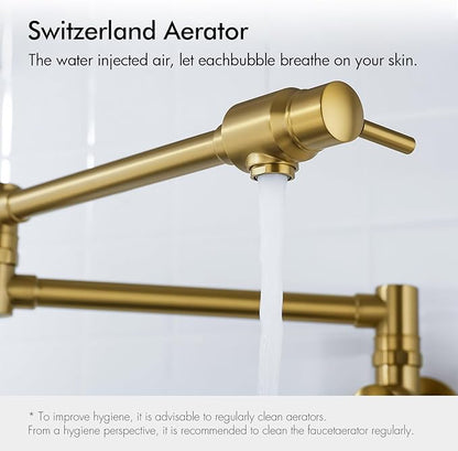Wall Mount Spout Cold Water Only Double Lever Handle Brushed Brass Kitchen Sink Faucet Stove, Pot Filler Faucet with Dual Joint Swing Armk Sink Faucet, Brushed Old Gold-PVD