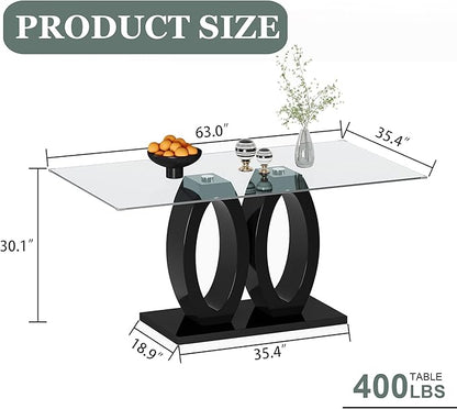 63" Glass Dining Table, Rectangular Kitchen Table with Tempered Glass Tabletop and Black O-Shaped MDF Base, Modern Dining Room Table for Kithchen, Living Room