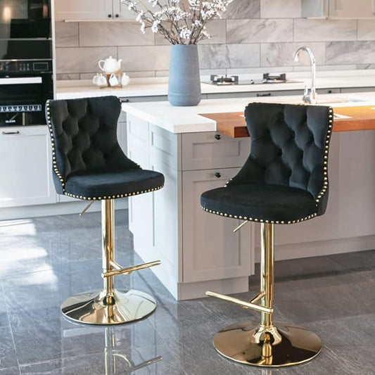 Premium Velvet Upholstered Swivel Bar Stool with Adjustable Height and Tufted Backrest for Kitchen Island, Home Bar, and Dining Space (Black + Velvet + Foam-1)