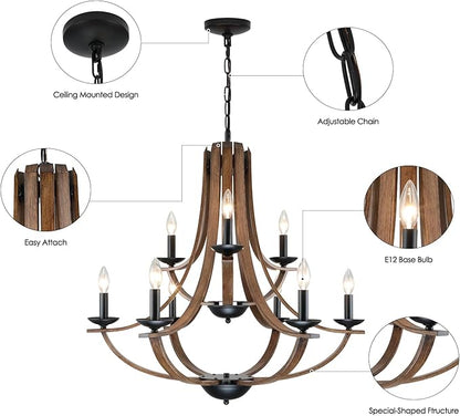 LAMPKEDUO Farmhouse Chandeliers for Dining Room Light Fixture, 2 Tier 9-Light 31" Black with Faux Wood Texture Rustic Adjustable Height Chandelier for Living Room Bedroom Foyer Entryway