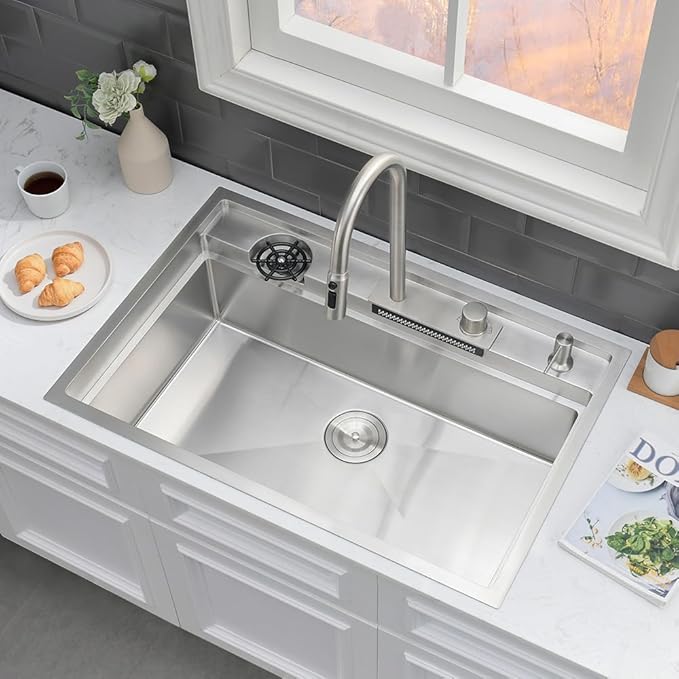 33 Inch Drop In Kitchen Sink Workstation-VASOYO 33x22 Waterfall Kitchen Sink Drop In Stainless Steel Topmount Kitchen Sink 16 Gauge Single Bowl Deep Smart Sinks with Faucet Combo