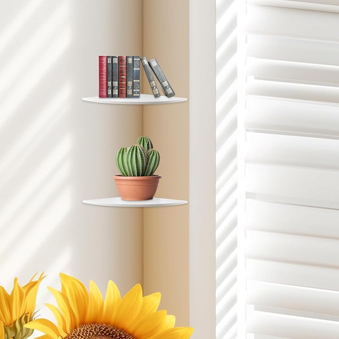 JJL Corner Shelf, 12-Inch Sector Wall Shelf, Set of 2 Wooden Hanging Shelves with Wire Hole for Bedroom Corner Decoration, White