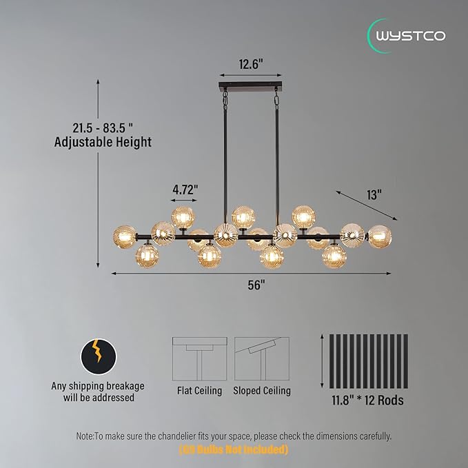 56 Inch Black Linear Chandeliers for Dining Room, Kitchen Island, Living Room, 16-Light Mid Century Modern Light Fixture Over Table, Large Amber Glass Globe Sputnik Bubble Chandelier