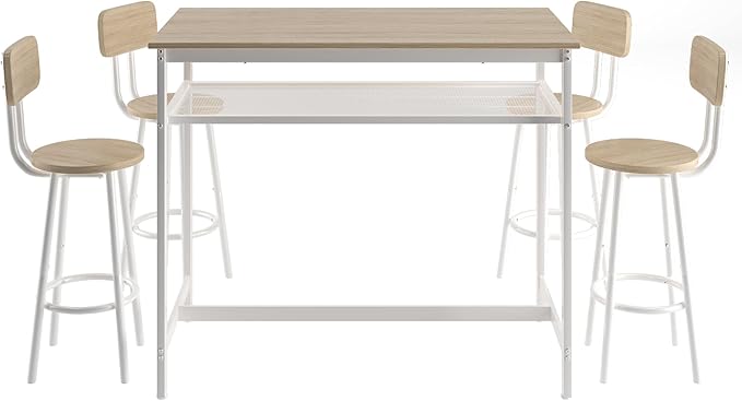 RuiSiSi 5 Piece Counter Height Dining Table Set, Heavy Duty Metal Kitchen Table Set with Storage Shelf and 4 Height Chairs, Modern Bar Table and Chairs Set for Kitchen, Dining Room, Bar, White Oak
