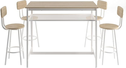 RuiSiSi 5 Piece Counter Height Dining Table Set, Heavy Duty Metal Kitchen Table Set with Storage Shelf and 4 Height Chairs, Modern Bar Table and Chairs Set for Kitchen, Dining Room, Bar, White Oak