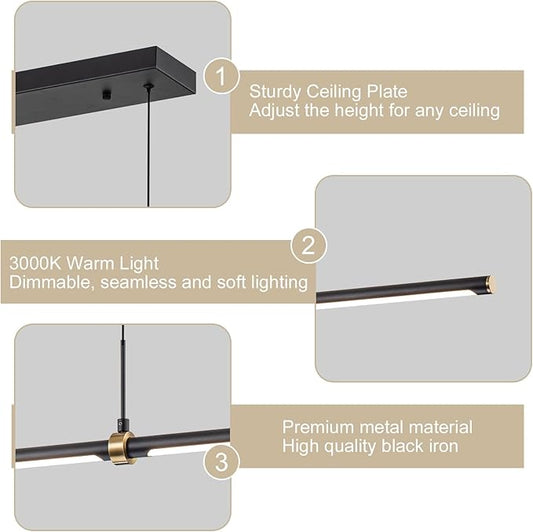 EDISLIVE Modern LED Dimmable Linear Pendant Lighting Dimmable LED Chandelier 47.24 in Adjustable Linear Hanging Light Fixture 3000K 20W Island Light for Dinning Room Kitchen，Black