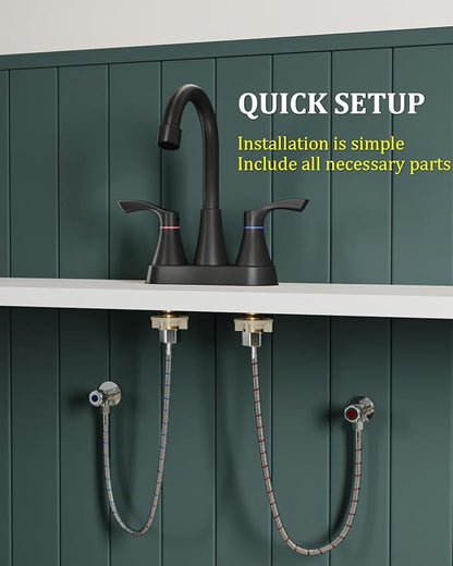 Matte Black Bathroom Faucet 3 Hole, Evolvegoods 4 Inch Stainless Steel Bathroom Sink Faucet, 2 Handle Centerset Faucet for Bathroom Sink Vanity, with Pop Up Drain and 2 Supply Hoses