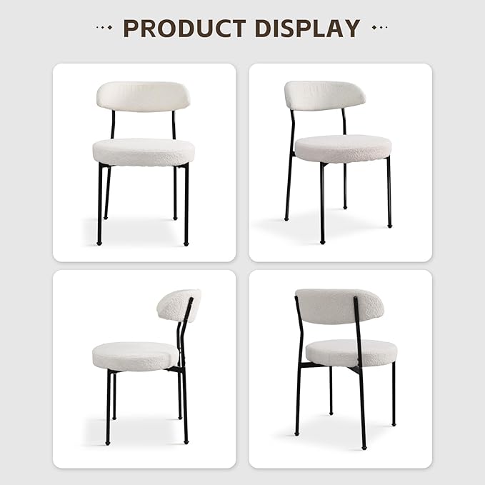 White Boucle Dining Chair Set of 2, Modern Oval Upholstered Dining Chairs with Curved Back and Metal Leg for Dining Room,Restaurant,Kitchen Island(Black Leg)