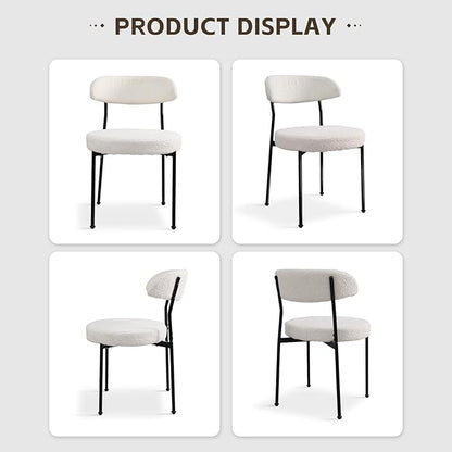 White Boucle Dining Chair Set of 4, Modern Oval Upholstered Dining Chairs with Curved Back and Metal Leg for Dining Room,Restaurant,Kitchen Island(Black Leg)