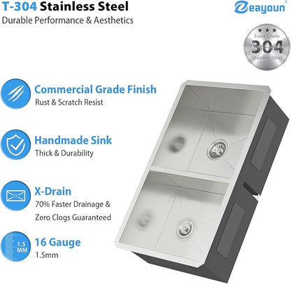 33 Inch Undermount Double Bowl Kitchen Sink 16 Gague 304 Stainless Steel Double Handmade Sinks 50/50 Large Deep Double Bowl Sinks 33"x19"x10"