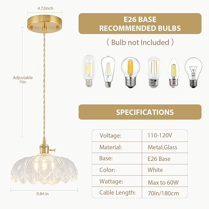 2 Pack Glass Pendant Lights Kitchen Island, Vintage Brass Pendant Light Fixtures, Adjustable Transparent Kitchen Pendant Lighting Over Island for Bedroom Living Room Hallway Dining Room