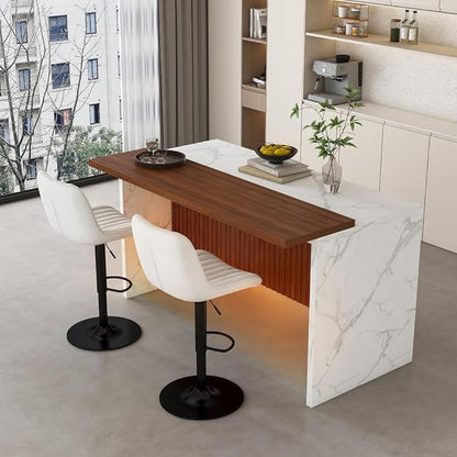 63 Inch Kitchen Island with 4 Deep Brown Bar Stools – White Marble Countertop, Integrated LED Lighting & Grille Design, Multi-Functional Breakfast Bar for Dining Rooms, (White+2beige)