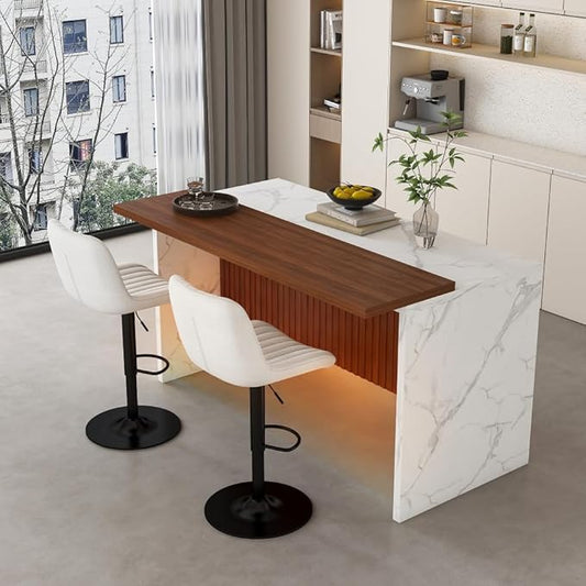 63 Inch Kitchen Island with 4 Deep Brown Bar Stools – White Marble Countertop, Integrated LED Lighting & Grille Design, Multi-Functional Breakfast Bar for Dining Rooms, (White+2beige)