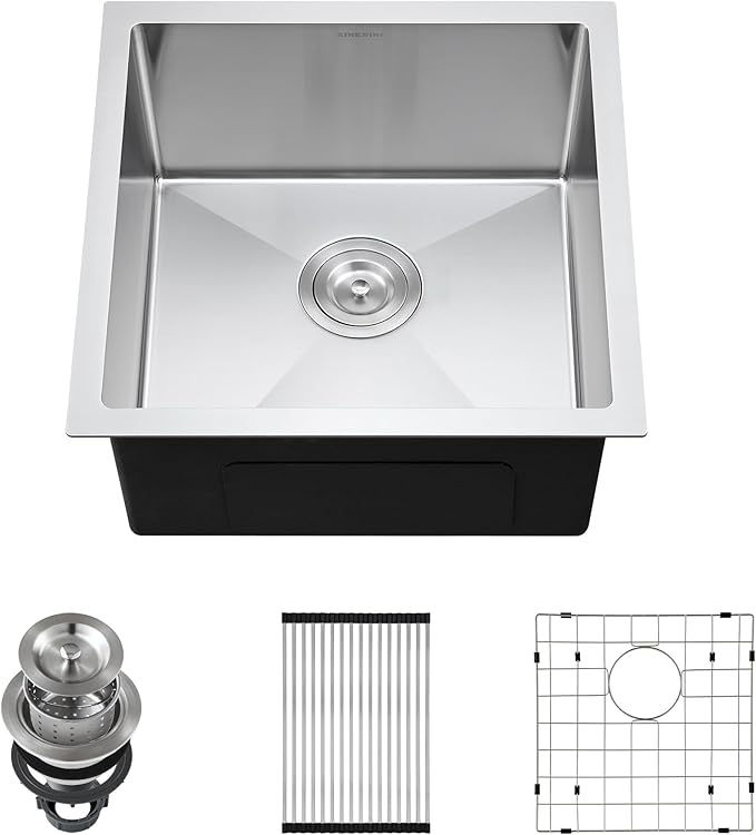 18-Inch Undermount Kitchen Bar Sink, SINKVINE Stainless Steel Indoor and Outdoor Sink for Laundry RV, 9-inch Deep Single Bowl with 3.5-inch Drain Strainer, Bottom Rise Grid, Roll-up Drying Unit, 18x18