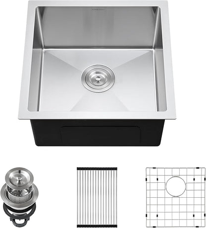 18-Inch Undermount Kitchen Bar Sink, SINKVINE Stainless Steel Indoor and Outdoor Sink for Laundry RV, 9-inch Deep Single Bowl with 3.5-inch Drain Strainer, Bottom Rise Grid, Roll-up Drying Unit, 18x18
