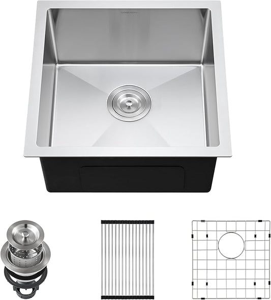18-Inch Undermount Kitchen Bar Sink, SINKVINE Stainless Steel Indoor and Outdoor Sink for Laundry RV, 9-inch Deep Single Bowl with 3.5-inch Drain Strainer, Bottom Rise Grid, Roll-up Drying Unit, 18x18