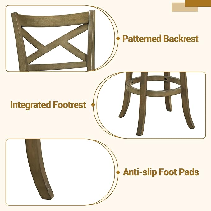 Giantex Wood Swivel Bar Stools Set of 2, 30" Upholstered Bar Height Bar Stools with X Back, Linen Cushioned Seat, Farmhouse Armless Wooden Barstools for Kitchen Island Dining Room, Grey