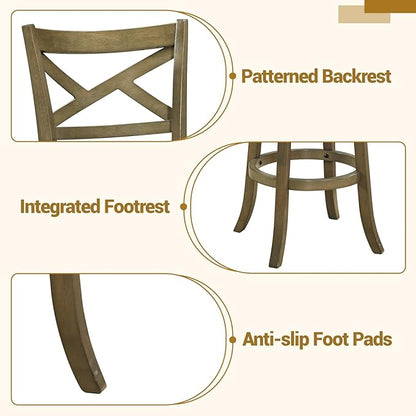 Giantex Wood Swivel Bar Stools Set of 2, 30" Upholstered Bar Height Bar Stools with X Back, Linen Cushioned Seat, Farmhouse Armless Wooden Barstools for Kitchen Island Dining Room, Grey