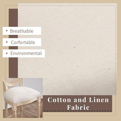 French Country Bar Chairs Set of 2, 30 Inch Upholstered Counter Stools with Natural Rattan Round Back, Solid Wood Frame & Cotton Linen for Kitchen Island, Dining Room, Bistro, Beige