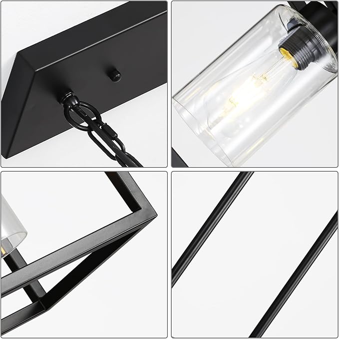 Black 3-Light Dining Room Light Fixture, Modern Farmhouse Chandeliers, Linear Rectangular Kitchen Island Lighting, Industrial Vintage Pendant Lighting with Clear Glass Shade Height Adjustable