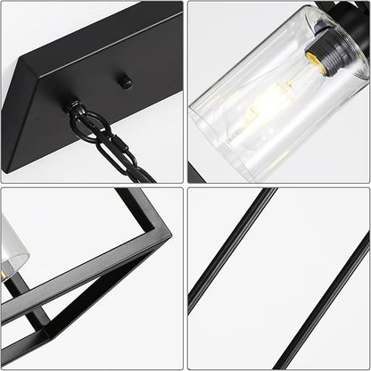 Black 3-Light Dining Room Light Fixture, Modern Farmhouse Chandeliers, Linear Rectangular Kitchen Island Lighting, Industrial Vintage Pendant Lighting with Clear Glass Shade Height Adjustable