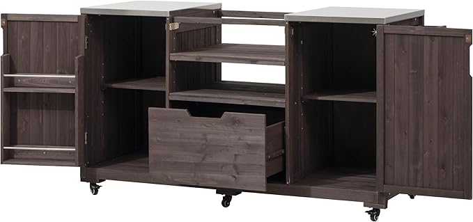 YOPTO Versatile 66.5" Outdoor Grill Cart for Big Green Egg,100% Fir Wood,Stainless Steel Top,Ample Storage,Weatherproof,6 Lockable Wheels,Dark Brown