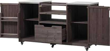 YOPTO Versatile 66.5" Outdoor Grill Cart for Big Green Egg,100% Fir Wood,Stainless Steel Top,Ample Storage,Weatherproof,6 Lockable Wheels,Dark Brown
