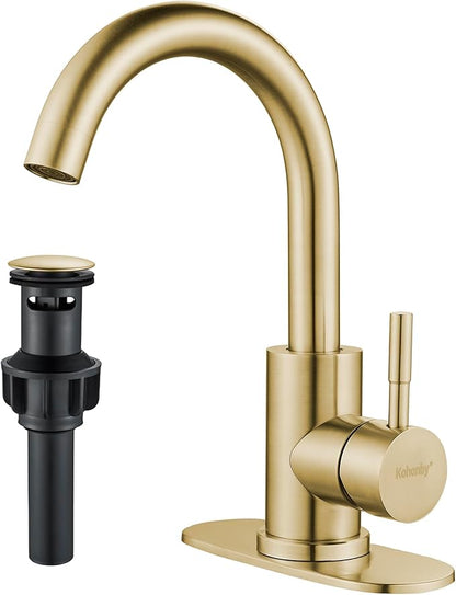 Bathroom Sink Faucet Single Hole Brushed Gold, Modern Single Handle Bathroom Faucet Commercial Stainless Steel Bar Faucet (Brushed Gold, with Drain)