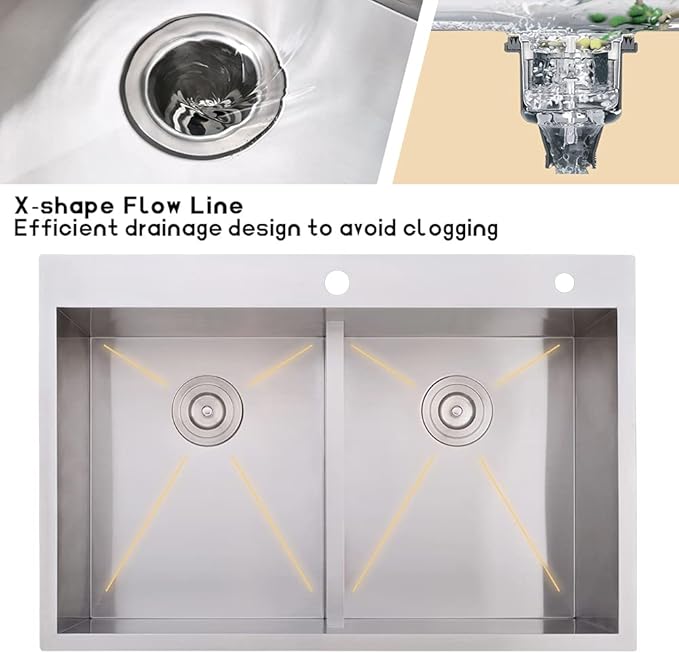 33 Inch Double Bowl Drop In Kitchen Sink-Bokaiya 33x22 Stainless Steel Drop-In Sink Kitchen Top Mount 16 Gauge Deep 50/50 Low-Divide Over Counter Double Bowl Kitchen Sink with Rack&Grid