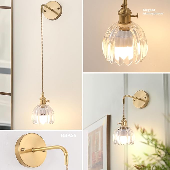 Shenmoyl Battery Operated Wall Sconce with Clear Tulip Shade Pattern Glass Adjustable Chain Retro Gold Wall Mounted Light, Modern Wall Lamp Fixtures Decor for Bedside Bedroom Indoor Doorway
