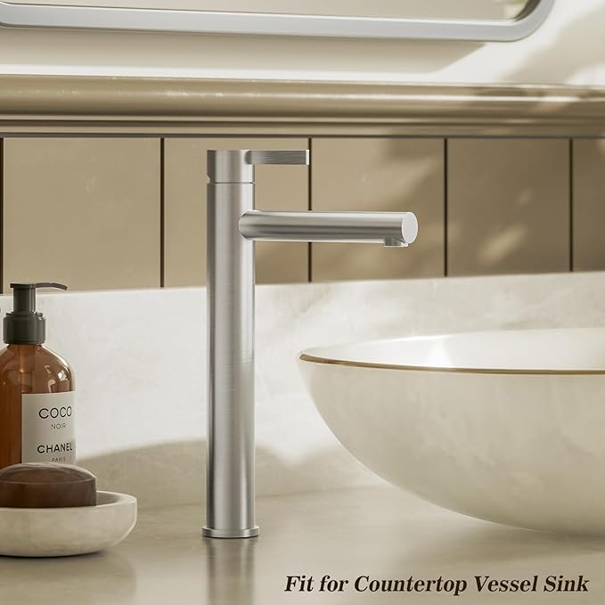 Phiestina Single Hole Tall Brushed Nickel Vessel Bathroom Sink Faucet, One Hole Single Handle Modern Bathroom Faucet, with Pop Up Drain and Water Supply Line,FH01-BN-V