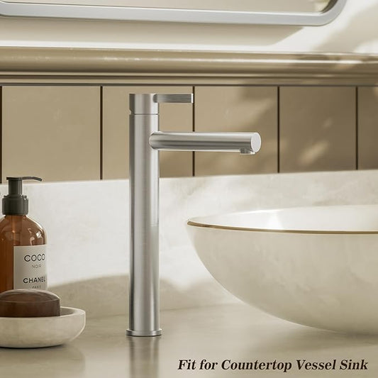 Phiestina Single Hole Tall Brushed Nickel Vessel Bathroom Sink Faucet, One Hole Single Handle Modern Bathroom Faucet, with Pop Up Drain and Water Supply Line,FH01-BN-V