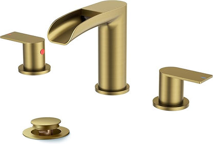 FORIOUS Gold Bathroom Faucet, Waterfall Bathroom Faucet for Sink 3 Hole with Easy Install Pop-Up Drain and Water Supply, 8 Inch Widespread for Vanity, Camper,Restroom