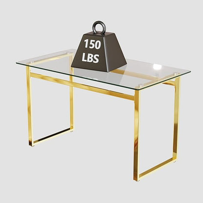 Modern Glass Dining Table for 4-6, 51" Rectangular Kitchen Dining Room Table with 0.31" Tempered Glass Tabletop and Gold Chrome Metal Legs, Writing Table Desk, for Kitchen Dining Living Room (Gold)