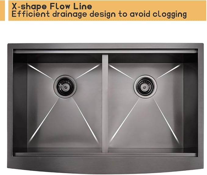 33 Inch Black Double Bowl Farmhouse Sink Workstation, 16 Gauge Stainless Steel 50/50 Double Bowl Kitchen Sink, 33x22 Farmhouse Apron Front Low Divided Farm Sink