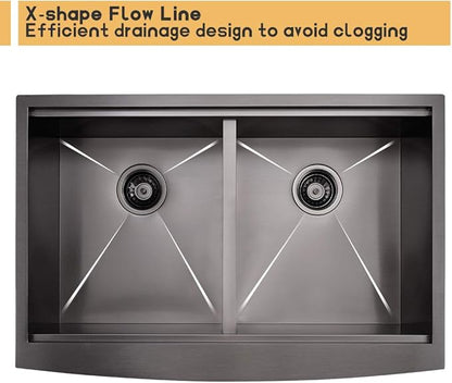 33 Inch Black Double Bowl Farmhouse Sink Workstation, 16 Gauge Stainless Steel 50/50 Double Bowl Kitchen Sink, 33x22 Farmhouse Apron Front Low Divided Farm Sink