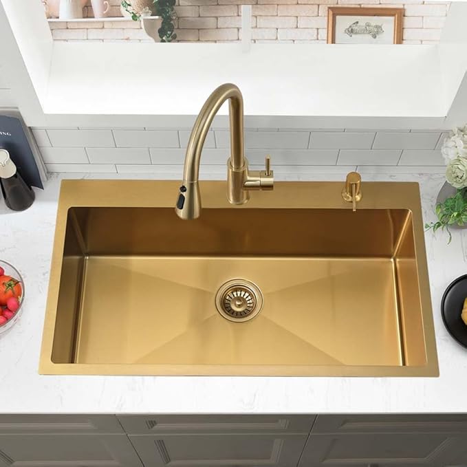 30 Inch Gold Drop In Kitchen Sink- Wesliv 30x18 Inch Kitchen Sink Drop in Sink Stainless Steel Deep Single Bowl Gold Overmount Sink with Bottom Rinse Grid & Soap Dispenser