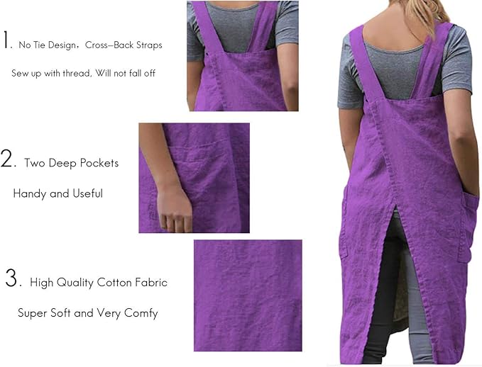 Larmliss Women's Pinafore Square Apron Baking Cooking Gardening Works Cross Back Cotton/Linen Blend Dress with 2 Pockets